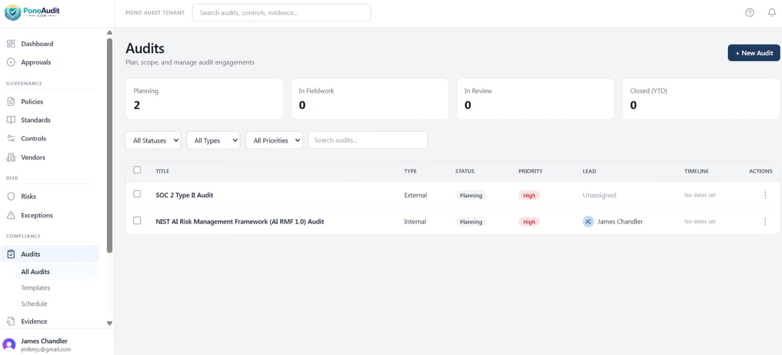 PonoAudit audit list with framework, lead, and progress columns