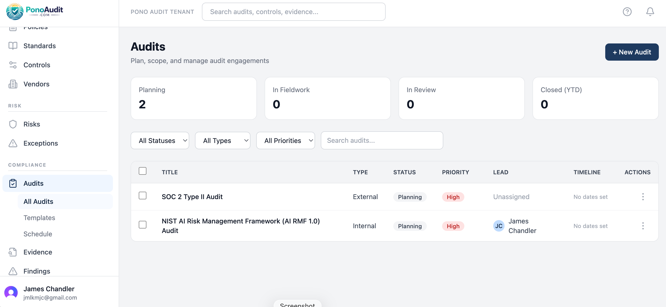 Audit planning in PonoAudit