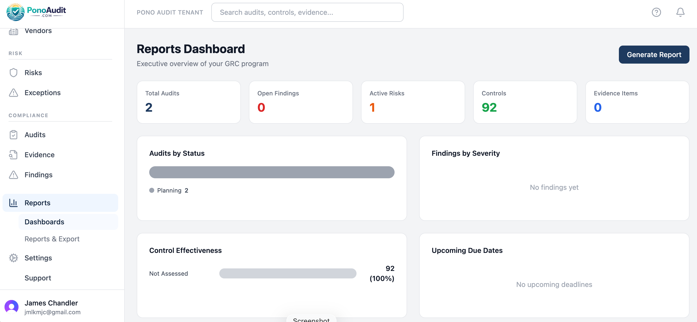 Executive reporting dashboard in PonoAudit