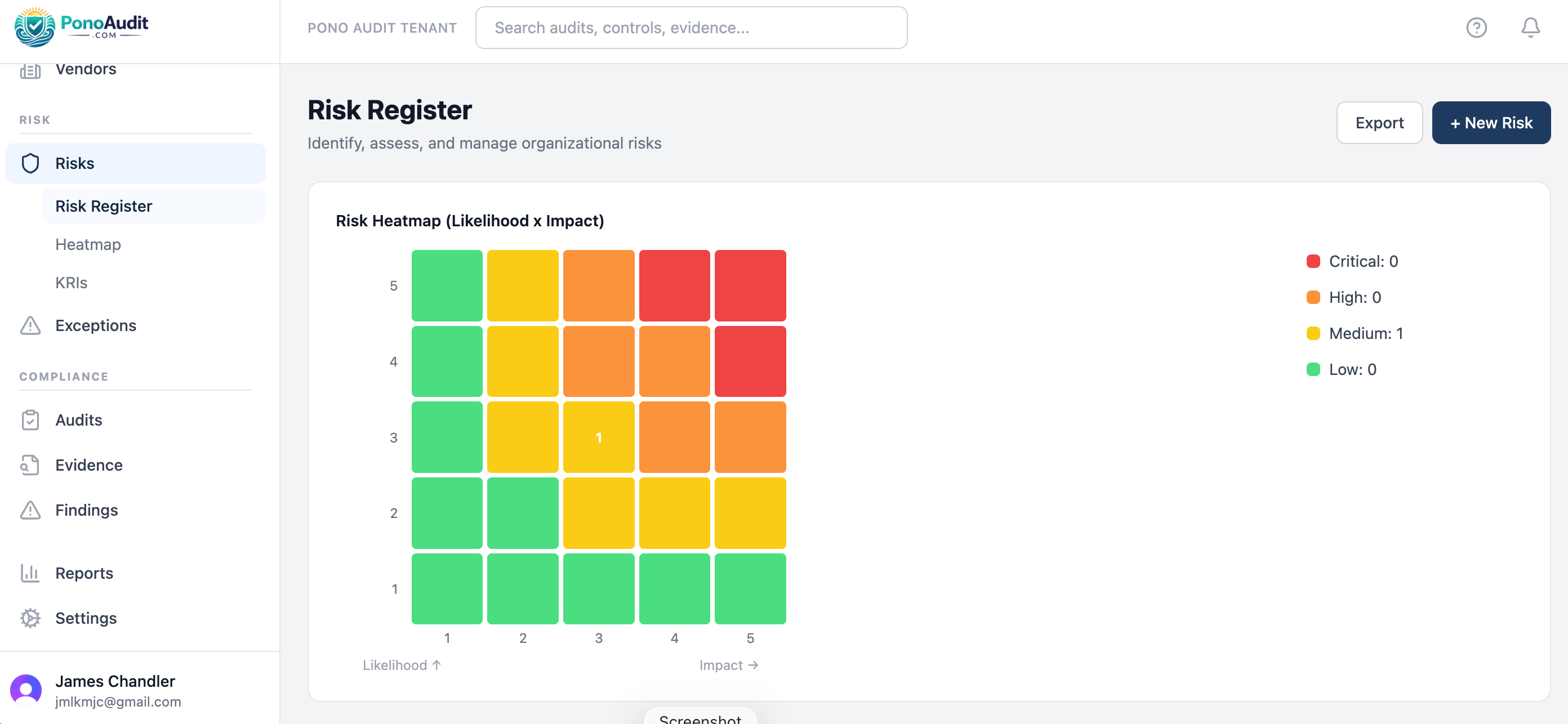 Risk register and heatmap in PonoAudit